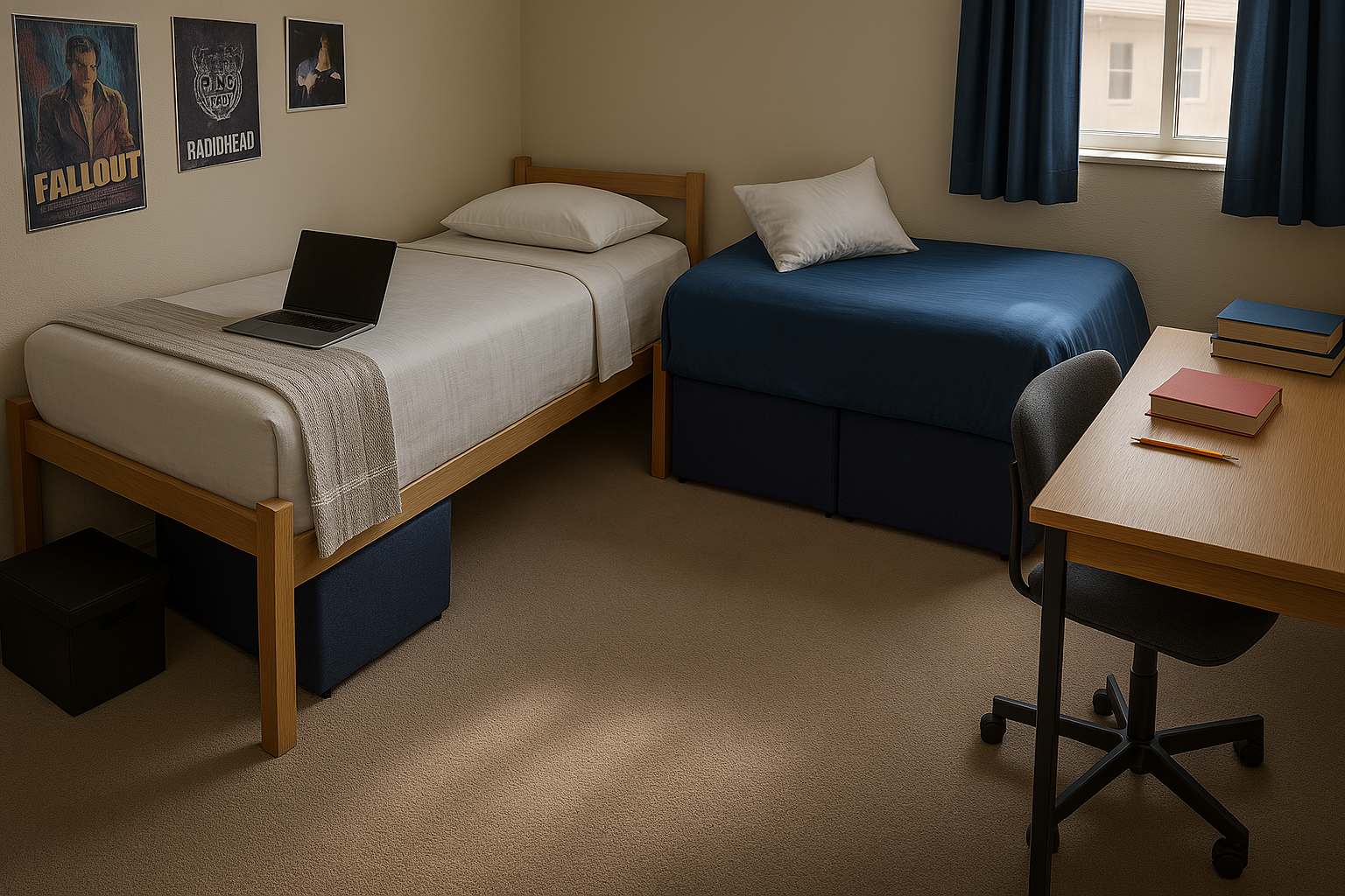 After: Floor visible again, beds made, study space restored