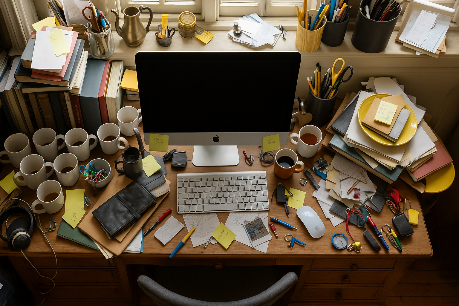 Before: Desk buried in snack wrappers