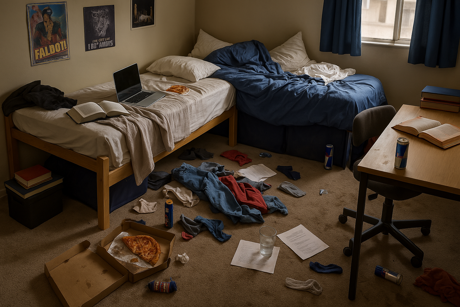 Before: Floor turned laundry graveyard and energy drink cemetery