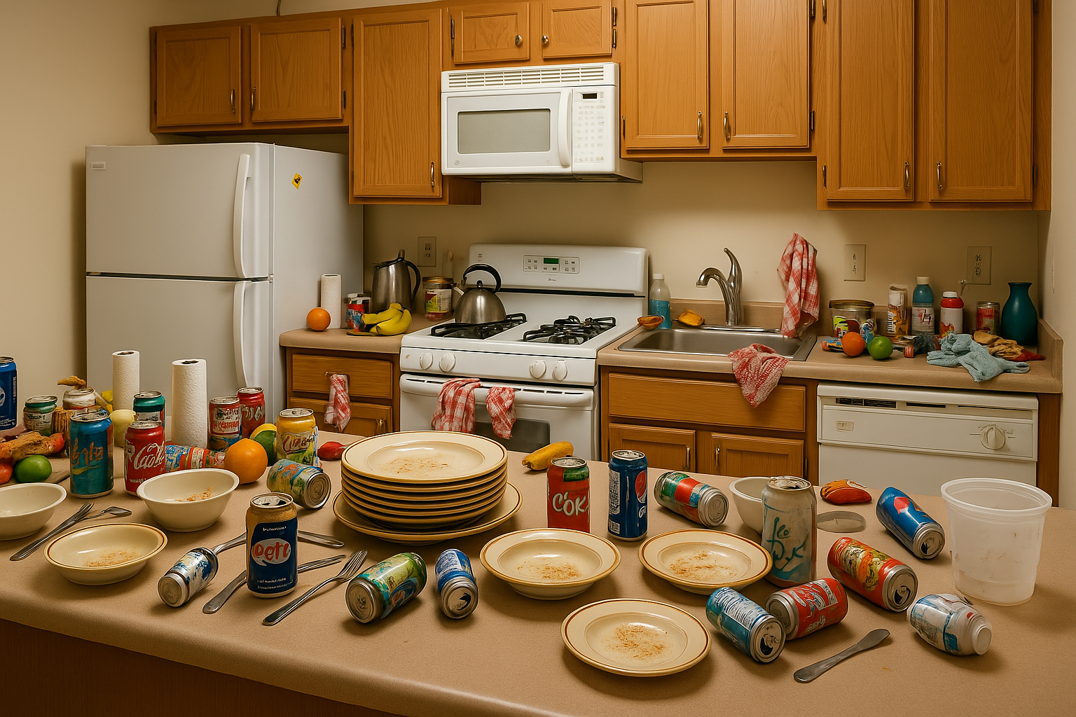 Before: Sink full of dishes, counters buried in takeout